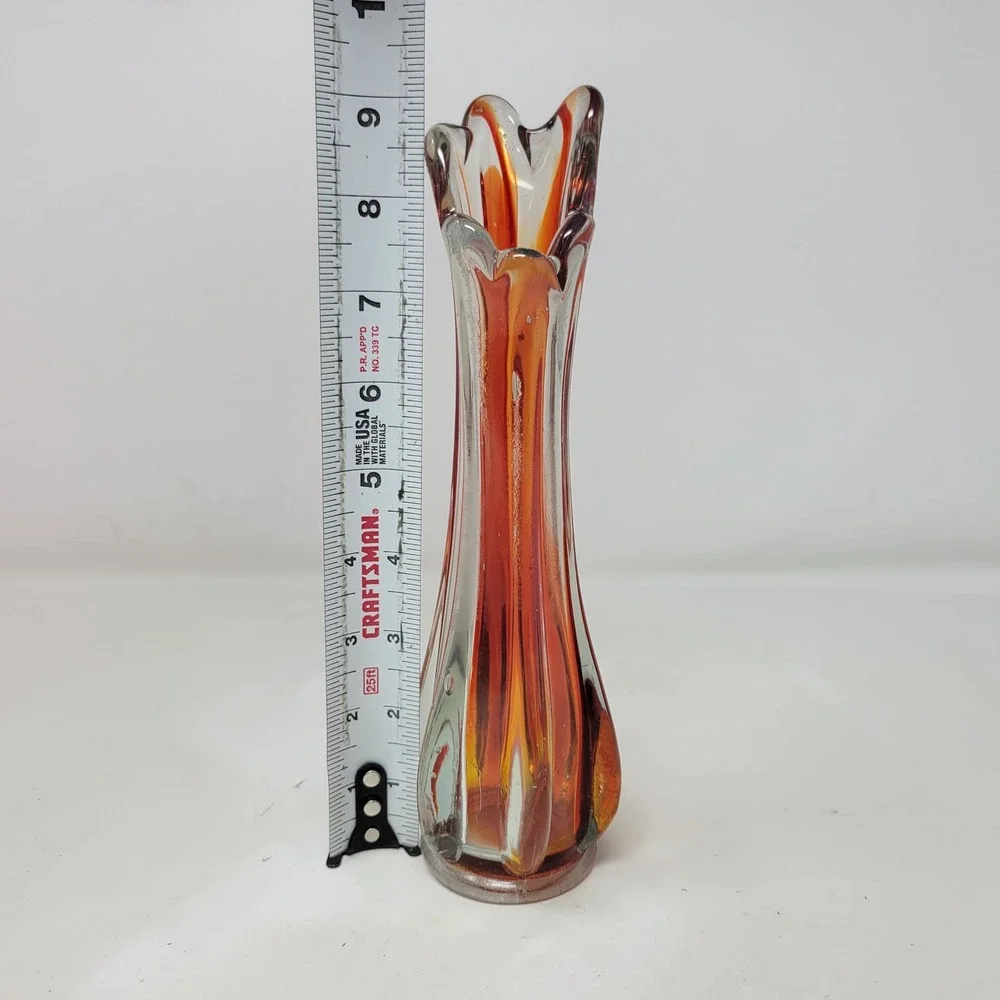 Vintage MCM Orange Amber Hand Blown Art Glass Swung Bud Vase 9.25in
